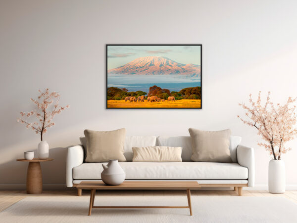 Elephants and Kilimanjaro Lionel Maye Fine Art print An image to reverberate Floating frame in situation